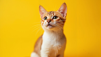 Cute domestic cat with expressive eyes posing against bright yellow background, perfect for pet lovers