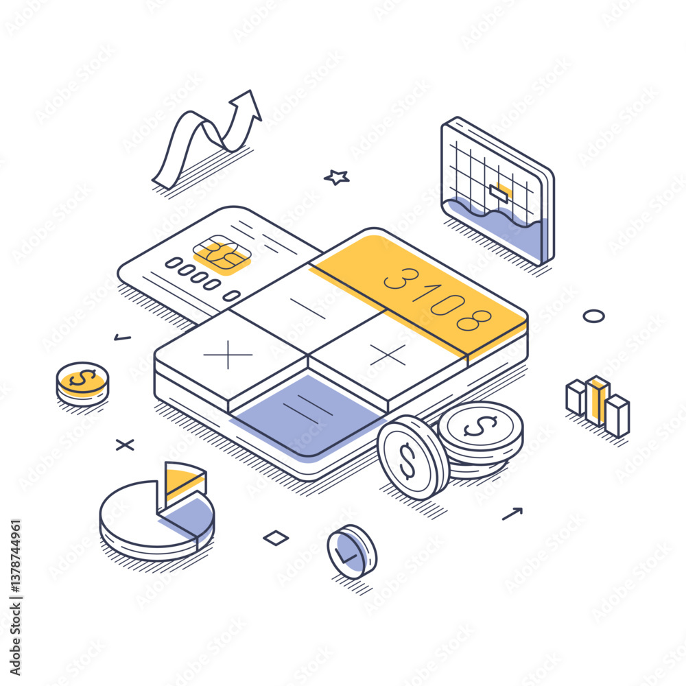 Wall mural dynamic financial scene where a calculator, charts, and coins highlight calculations and analytics i