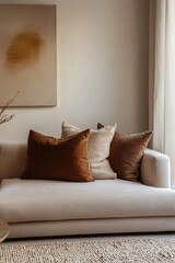Beige sofa with assorted throw pillows.  Natural, muted color palette