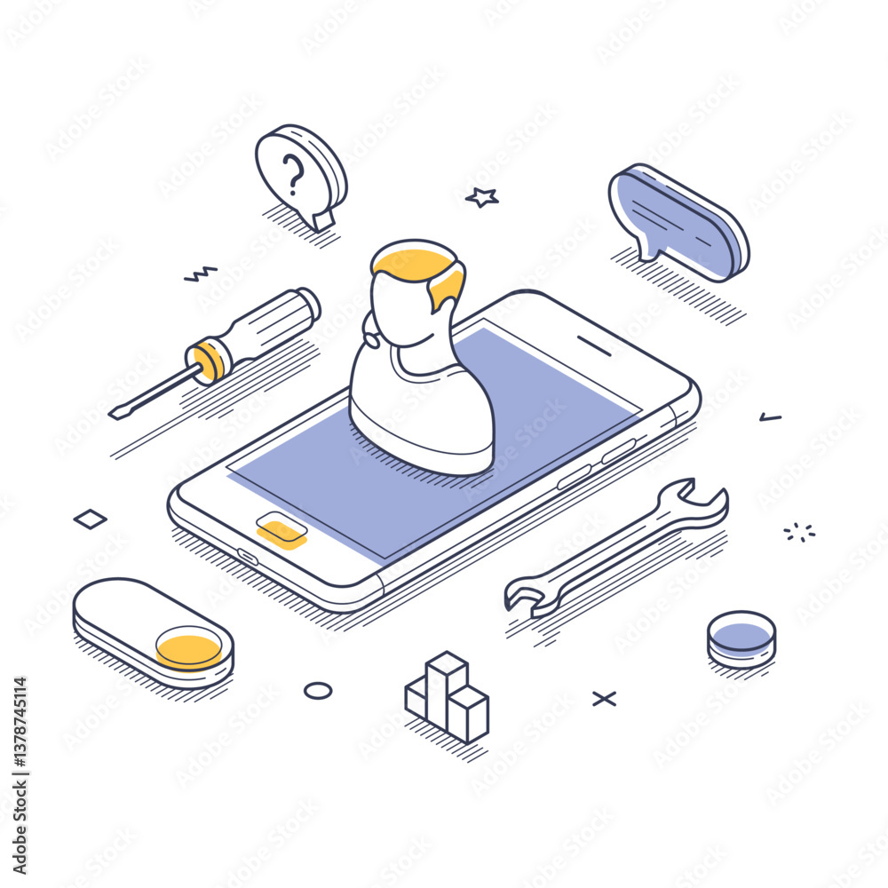 Poster modern isometric vector illustration showcases a smartphone displaying a user avatar. surrounding th