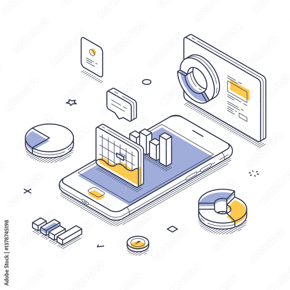 Poster Analytics application concept. Smartphone displaying various graphs and charts, emphasizing data visualization in a modern digital landscape. The isometric design adds depth and clarity