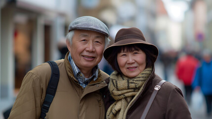 Fototapeta premium Smiling Asian couple posing on city street.