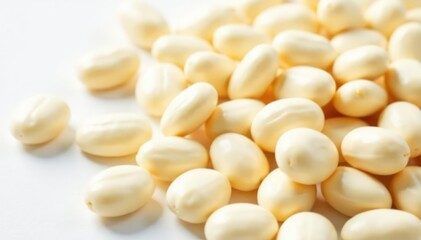 Close-up of white beans on pristine white background, plant-based, bright, background
