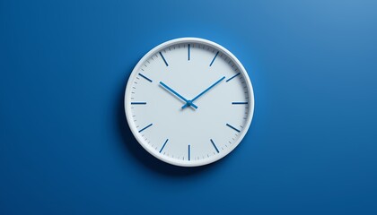 Simple White Clock on Blue Background, Minimalist clock design, time management concept