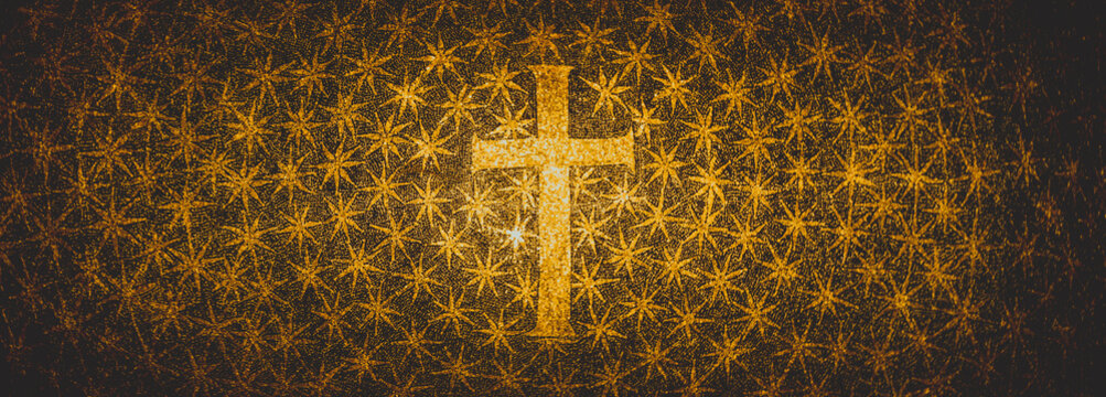 Old cross made of mosaic in Italian Byzantine church. Religion spiritual icon.