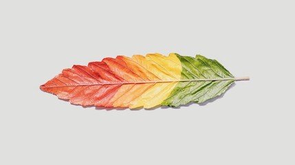 Colorful Leaf Transition from Red to Yellow to Green on Gray Background