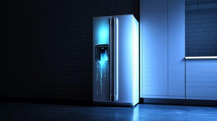 A modern refrigerator with water dispenser illuminated in blue light, showcasing sleek design and functionality in a contemporary kitchen.