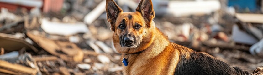 Fototapeta premium Imagine a rescue dog signaling amidst destruction