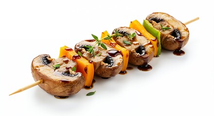 Grilled Mushroom Skewer with Vegetables and Sauce on White Background