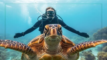 Water sports scuba diving competition concept. Diver swimming with a turtle in clear blue water, showcasing marine life and underwater adventure.