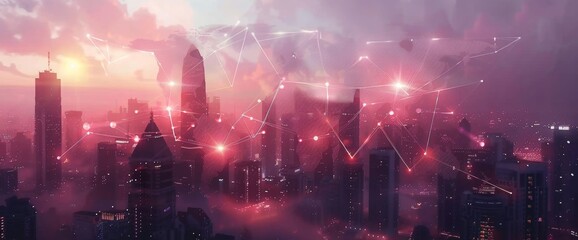 Fototapeta premium Double exposure of abstract digital world map hologram with connections on modern skyscrapers background, research and strategy concept