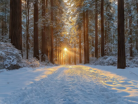 Sunlight filtering through snowy forest trees scenic winter landscape nature photography serene environment