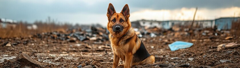 Sympathetic search dog at debris field, heroic photoshoot