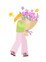 Red-haired girl with a bouquet of bright, pink flowers in his hands. Vector, bright, positive illustration. Greeting card