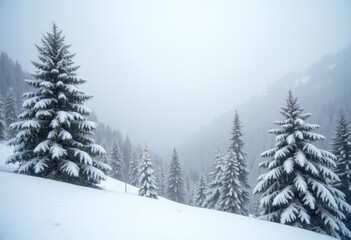 Fototapeta premium Winter wonderland: snow-covered forest in mountain landscape for holiday card design