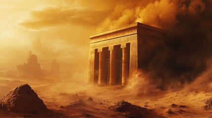 Fototapeta premium Ancient temple ruins stand amidst a swirling desert sandstorm, hinting at a lost civilization
