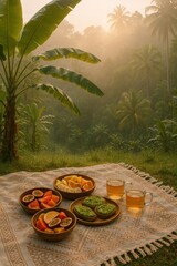 Obraz premium AI-generated digital illustration of a tropical breakfast picnic in the jungle with fresh fruits, avocado toast, and tea on a boho blanket. Warm sunrise light, peaceful and natural style.