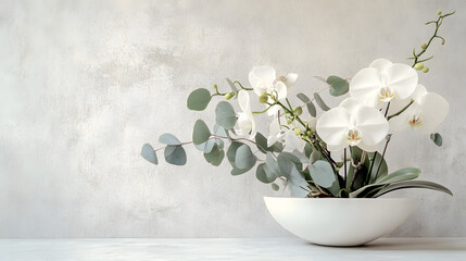 Fototapeta premium A fresh and minimalist floral arrangement of orchids and eucalyptus, designed with clean lines and modern aesthetics for a chic and contemporary look.