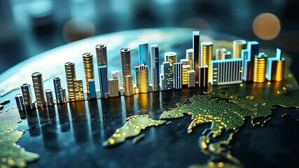 A vibrant 3D city skyline model overlaid on a textured globe, showcasing urban development and innovation - Powered by Adobe