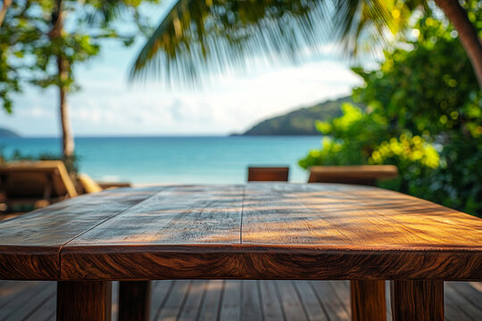 Tabletop with Tropical Seascape and Palm Leaves at Sunset