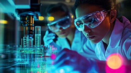 Scientists using quantum computing for nanotechnology research, microscopic structures on a holographic interface,