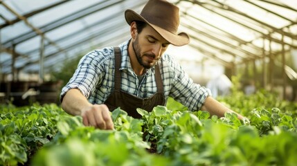 Obraz premium A farmer carefully tends to his thriving leafy greens in a sunlit greenhouse, showcasing dedication to sustainable agriculture