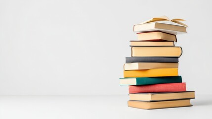 Stack of Books: A carefully arranged tower of assorted books. With focus on the collection's binding and pages, evoking a sense of knowledge, study, and literature.