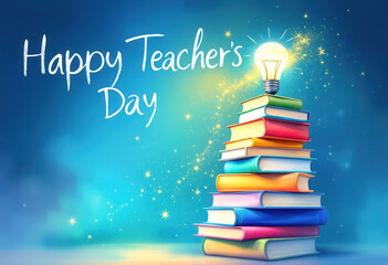 Happy teacher's day illustration with books and lightbulb - ideal for greeting cards and posters