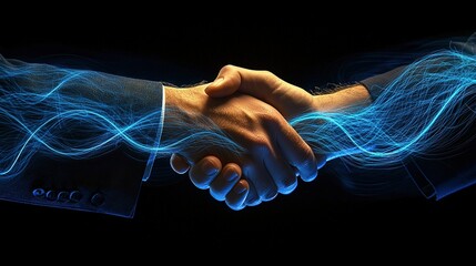 Digital handshake with blue glowing connections on a dark background, symbolizing technology and business connection or trust in online business transactions. Ideal for web banner design.