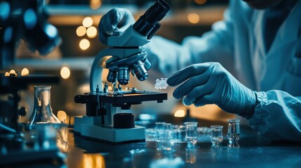 A scientist carefully examines a sample under a microscope in a modern laboratory setting