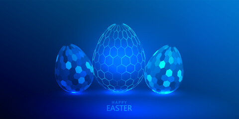Easter technology hexagon set of eggs, greeting card banner background, futuristic ai holiday 3d vector