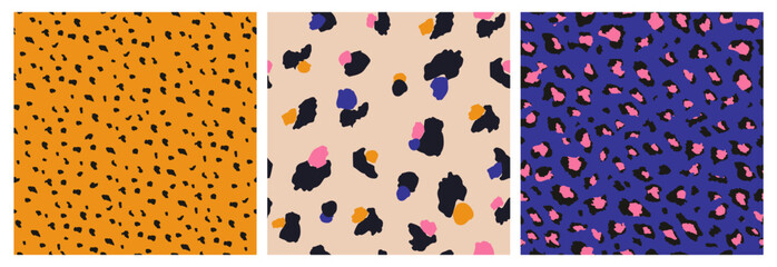 Set of Abstract leopard skin seamless patterns. Animal print vibrant color design. Geometric folklore ornament for background, textile, fabric, packaging, poster, wallpaper. Vector illustration. © Udomdech