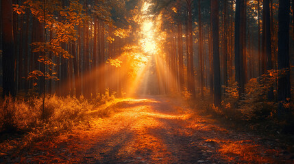 Fototapeta premium Golden Autumn Forest Trail Illuminated by Morning Sunlight