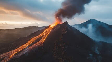 Erupting Volcano's Fury: Captivating aerial perspective of an active volcano unleashing molten lava, plumes of smoke, and fiery displays. Capturing raw power