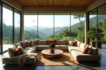 Fototapeta premium Sustainable forest-view lounge with timber ceiling, panoramic windows, and a live-edge coffee table for a warm, earthy vibe