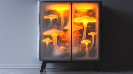 A surreal cabinet adorned with vibrant glowing mushrooms, merging nature and interior design in a unique artistic display.