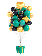 Gift tied to balloons. 3D rendering. Gold, black and mint colors.