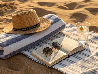 Enjoying a sunny day at the beach with a book, sunglasses, and a refreshing drink on a cozy towel Generative AI
