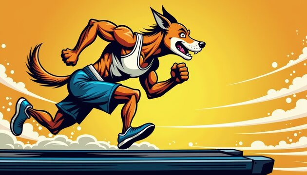 Dynamic comic style illustration, muscular dog running on treadmill, action lines emphasizing movement, vibrant colors for energetic and fun fitness theme. National Canine Fitness Month april - Powered by Adobe