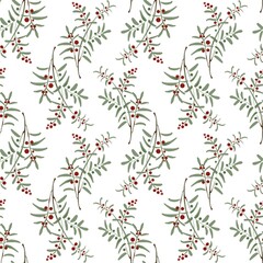 This image features a seamless pattern of festive botanical elements, including red berries, green leaves, and pine branches, arranged diagonally on a white background, evoking a winter holiday