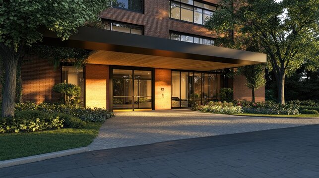 Elegant facade of modern apartment building with landscaping and covered entrance