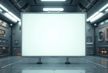 Futuristic whiteboard in high-tech control room for innovative presentations