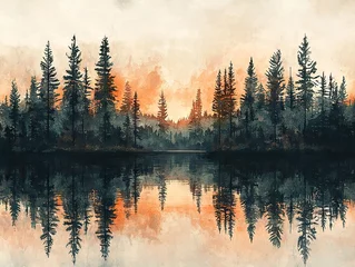Sunset reflection over tranquil lake forested landscape art illustration serenity and nature aesthetic view