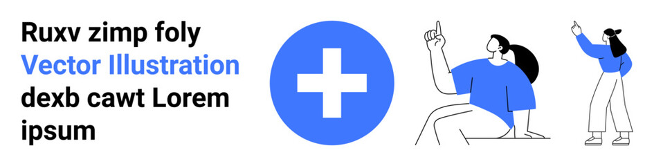 Obraz premium Blue cross at the center, two people gesturing toward ideas, modern typography. Ideal for healthcare, teamwork, communication, brainstorming, design, collaboration simple landing page