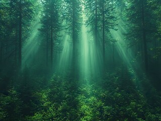Fototapeta premium Mysterious forest light beams enchanted woods nature photography serene environment wide angle view tranquility