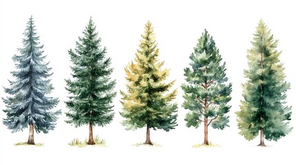 Obraz premium Watercolor Painting of Evergreen Tree Collection with Isolated White Background