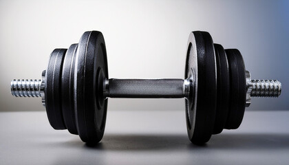 Naklejka premium dumbbell weight, a single black dumbbell resting horizontally on a dark surface against a blurred beige background, emphasizing fitness and strength