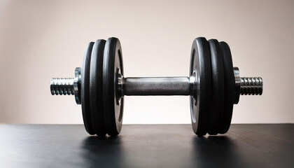 Fototapeta premium dumbbell weight, a single black dumbbell resting horizontally on a dark surface against a blurred beige background, emphasizing fitness and strength