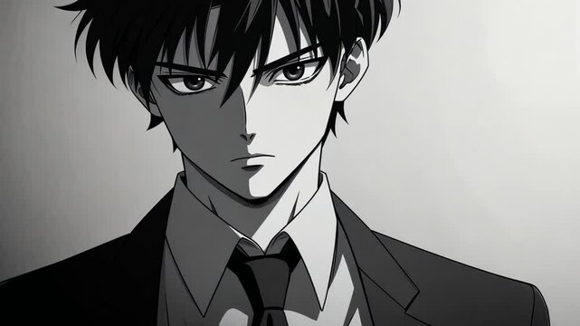 Young businessman in a formal suit with a serious expression, monochrome anime art style, standing against a minimalistic background, conceptual image