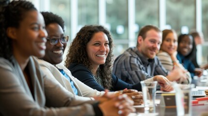 Adults engaging in a group learning session in a conference room for education training.